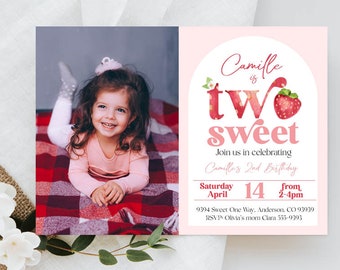 Fresa Invitación de segundo cumpleaños Two Sweet Berry 2ª invitación de cumpleaños acuarela fresas fiesta de cumpleaños descarga instantánea