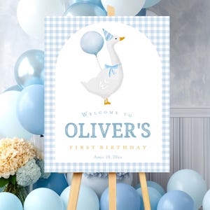 Boy One Silly Goose Welcome sign, Blue Goose welcome sign birthday party spring easter party goose baby shower welcome sign gingham coquette