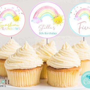 Sunshine Rainbows Cupcake Toppers, Sunshine and rainbows Geburtstagsfeier Anhänger, Sunshine Birthday Mädchen rosa Regenbogen Party Aquarell