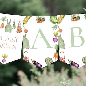 Lokalt odlad babyshower-vimplar, bondens marknadsgrönsaker, babyshower-ABC-banderoll, gårdsfruktbrunch, trädgårdsdesign, könsneutral