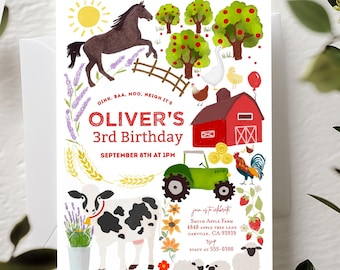 Puede incluir: Una invitación de cumpleaños con temática de granja con un granero rojo, un tractor verde y varios animales de granja. La invitación incluye el texto "3er Cumpleaños de Oliver" y los detalles del evento. El diseño presenta un sol, árboles y detalles florales.