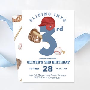 May include: Baseball-themed birthday invitation with the text "Sliding into 3rd". The design includes a red baseball helmet, a baseball glove, a baseball bat, and a baseball. The invitation reads "Oliver's 3rd Birthday" and includes the date and time.