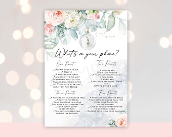 Winter bridal shower game what's on your phone? , Christmas bridal shower game, Winter greenery pink blush watercolor Phone game flowers