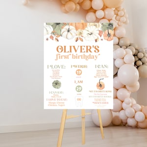 Kürbis-Meilensteinplakat, Junge Unser kleiner Kürbis dreht seine erste Geburtstagsfeier zum Ausdrucken, erster Geburtstag im Herbst, erster Geburtstag im Herbst