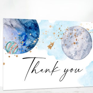 SPACE Thank you card instant download, Space baby shower, Outer space birthday party thank you galaxy planets rockets star blast off blue