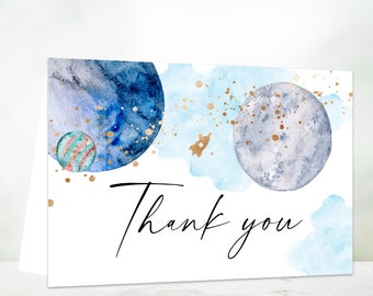 SPACE Thank you card instant download, Space baby shower, Outer space birthday party thank you galaxy planets rockets star blast off blue