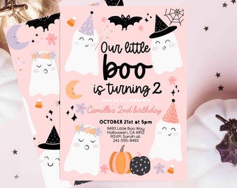 May include: Pink and white Halloween birthday invitation with a ghost wearing a witch hat and the text "Our little boo is turning 2".