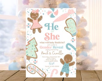 Convite para revelação de gênero de inverno, boneco de gengibre, menina de gengibre, biscoito de Natal, o que está assando no forno, menino ou menina rosa ou azul