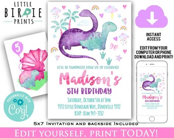 GIRL DINOSAUR BIRTHDAY Invitation Dinosaurs invitation watercolor Dinosaur birthday party Instant download printable editable invite pink