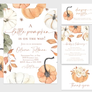 Pumpkin baby shower invitation little pumpkin baby shower Fall baby shower invitation Autumn leaves  boy or girl neutral green orange white