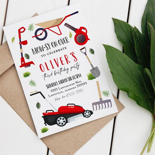 LAWN MOWER Birthday Invitation Party with Lawnmower Weed eater and Leaf blower wheelbarrow Garden tools birthday party invitation boy red