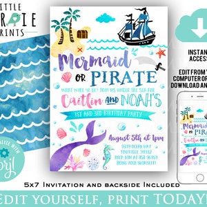 MERMAID PIRATE INVITATION Mermaid and pirate party invitation Mermaid and pirate birthday party invitation Boy and Girl Dual Watercolor