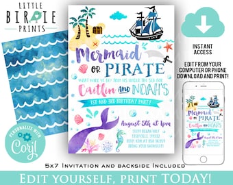 MERMAID PIRATE INVITATION Mermaid and pirate party invitation Mermaid and pirate birthday party invitation Boy and Girl Dual Watercolor