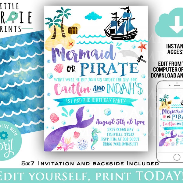 MERJUNGFRAU PIRATE INVITATION Meerjungfrau und Piraten Party Einladung Meerjungfrau und Piraten Geburtstagsparty Einladung Junge und Mädchen Dual Watercolor