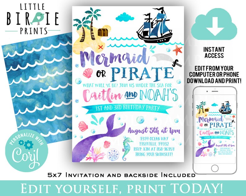Mermaid Pirate Invitation Mermaid And Pirate Party Invitation Etsy