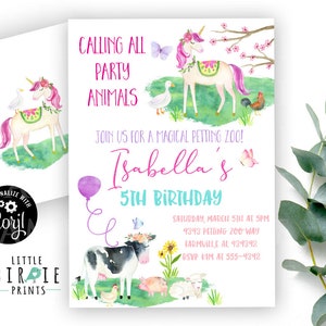 PETTING ZOO Invitation Unicorn farm invitation Farm animals invitation Girl Farm Invitation with Unicorn Petting zoo Cow pig duck butterfly