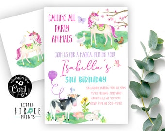 PETTING ZOO Invitation Unicorn farm invitation Farm animals invitation Girl Farm Invitation with Unicorn Petting zoo Cow pig duck butterfly
