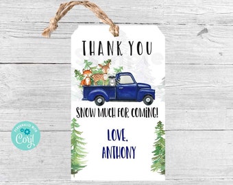 Winter BLUE TRUCK étiquettes de faveur Snowflake Snow Winter WOODLAND Onederland Drive by birthday party drive by Snowflake winter party pins