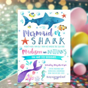 MERMAID and SHARK INVITATION Mermaid or shark birthday invitation Dual Sibling Printable Birthday Invitation Under the Sea Pool Party girl