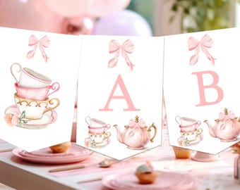 Teeparty Geburtstagsbanner ABC Girlande Schleife Tee zu zweit oder Tee zu dritt Girlandendekoration kokett rosa Schleife 1.2.3.4