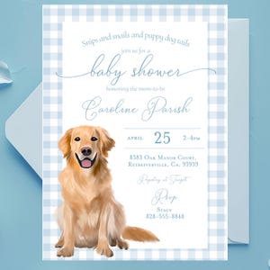 Blue puppy dog baby shower invitation, Golden retriever baby shower, Snips and snails and puppy dog tails, Dog baby shower blue gingham