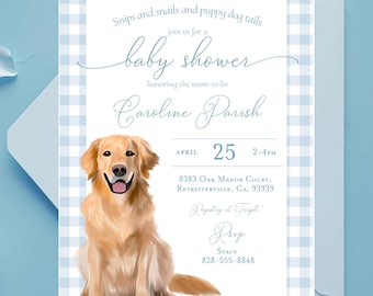 Blue puppy dog baby shower invitation, Golden retriever baby shower, Snips and snails and puppy dog tails, Dog baby shower blue gingham