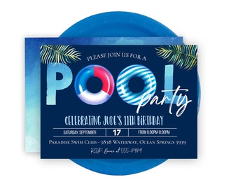 Editable POOL PARTY invitation Boy Pool party birthday party invitation Blue, Teen Tween invitation floaty, Summer swim party back to school