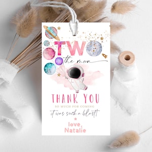 TWO the moon favor tags girl Astronaut 2nd birthday party pink, Outer space girl second birthday party favor tags gift tag present tag