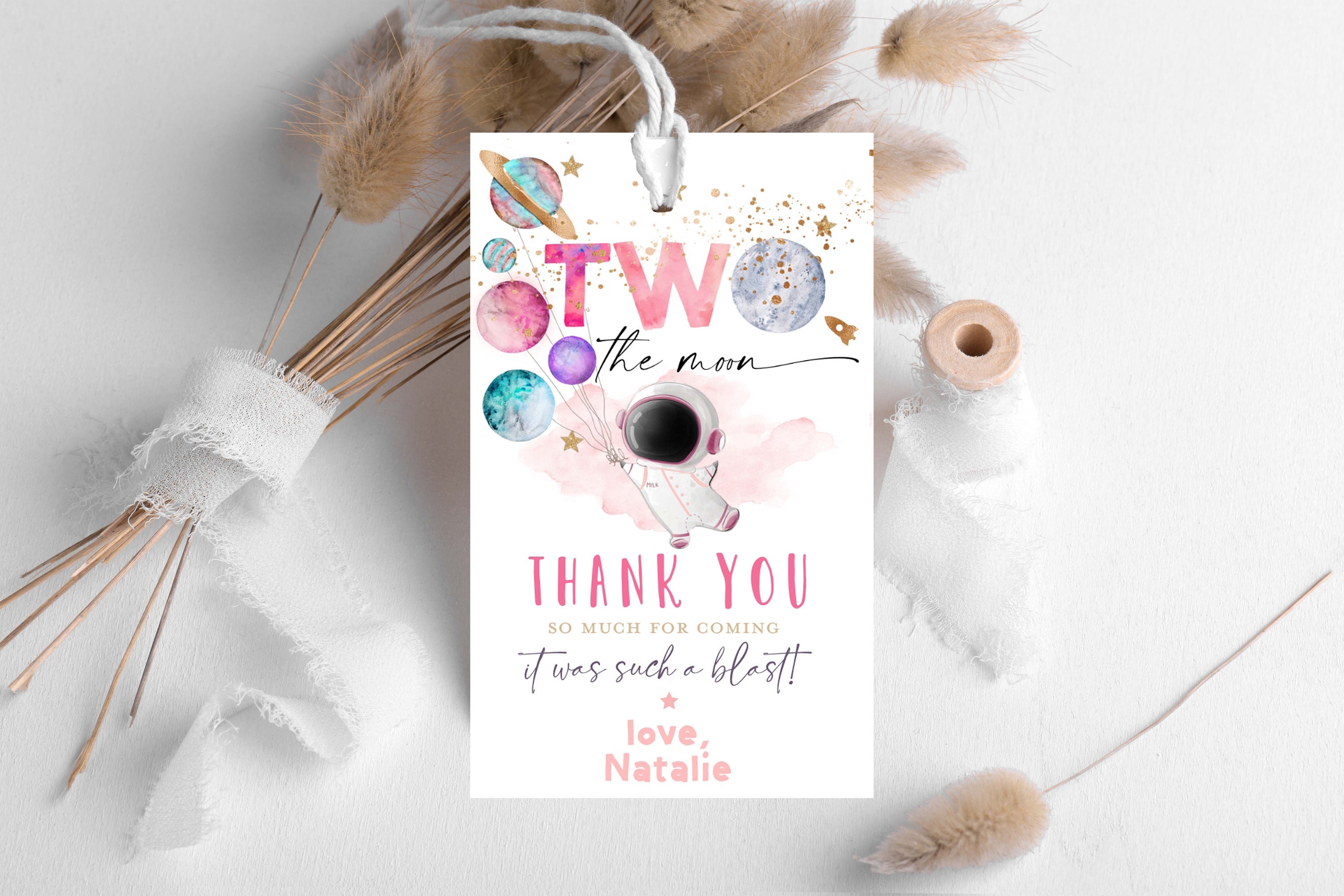 TWO the moon favor tags girl Astronaut 2nd birthday party pink, Outer space girl second birthday party favor tags gift tag present tag