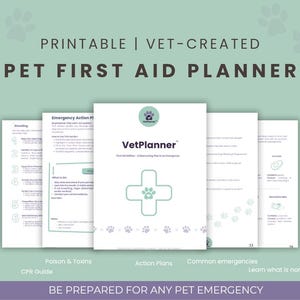 Puede incluir: Un planificador imprimible de primeros auxilios para mascotas con el texto "PRINTABLE | VET-CREATED PET FIRST AID PLANNER". El planificador incluye secciones sobre RCP, venenos, planes de acción y emergencias comunes. La portada presenta una cruz con una huella de pata.