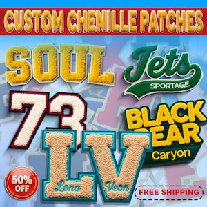 Op de afbeelding: Een verzameling aangepaste chenille patches in verschillende kleuren en ontwerpen. De patches bevatten de woorden "SOUL", "Jets", "73", "BLACK BEAR" en de letters "LV". De afbeelding bevat ook de tekst "CUSTOM CHENILLE PATCHES", "SPORTAGE", "Caryon", "Lona" en "Veon".