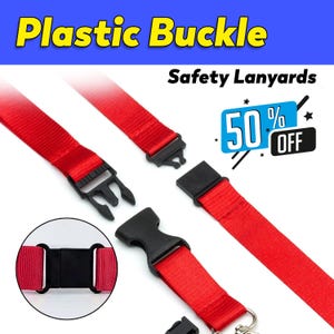 Puede incluir: Cordones de seguridad rojos con hebillas de plástico negro. La imagen muestra varios estilos de cordones, incluyendo una hebilla de liberación lateral y una hebilla de encaje. El texto en la parte superior dice "Plastic Buckle" y "Safety Lanyards". Un gráfico azul indica un 50% de descuento.