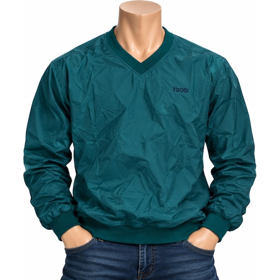 Izod, IZOD Mens Pullover Windbreaker Jacket V Neck Long Sleeve Green Large
