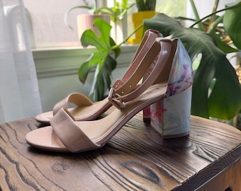 CL by Laundry Block Heel Sandals Floral Ankle Strap Heels Pink Wedding Brunch7.5