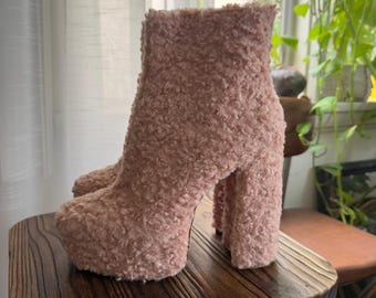Shellys London Pink Faux Sherpa Platform High Heel Ankle Boots Womens 7.5