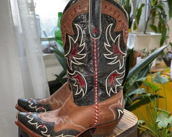 Tony Lama Womens Brown Black Leather Snip Toe Western Cowboy Boots 9