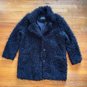 Joe Boxer Womens Black Shaggy Faux Fur Coat Notched Lapel Mid-Length XL
