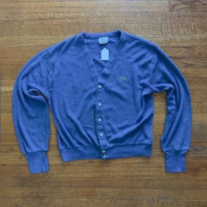 Vintage IZOD Lacoste Cardigan Sweater Mens Blue Preppy Alligator Logo Medium