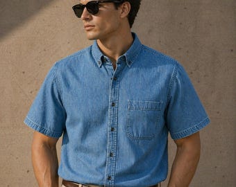 Camicia da uomo a maniche corte in denim Faded Glory, blu chiaro, taglia L