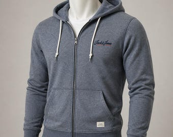Sudadera con capucha y cremallera completa para hombre Jack & Jones Originals, color azul grisáceo jaspeado, talla mediana.