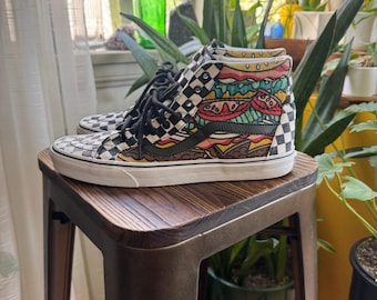 Zapatillas Vans Sk8-Hi Late Night Burger Checkerboard de caña alta para hombre, talla 12