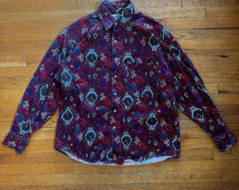 Johnny Cotton Herren Vintage 90er Jahre Southwestern Ikat Button Down Hemd Burgund M