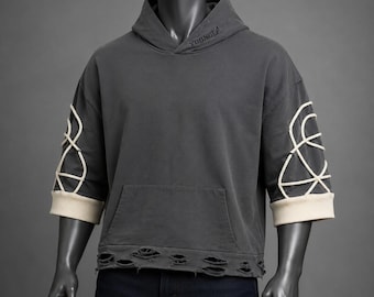 Fluidite Mens XL Distressed Rope Detail Oversized Hoodie Charcoal Gray New
