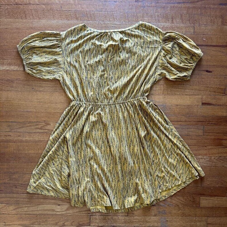 Anthropologie Yellow Puff Sleeve Mini Dress Aztec Print Boho Cottagecore Large image 6