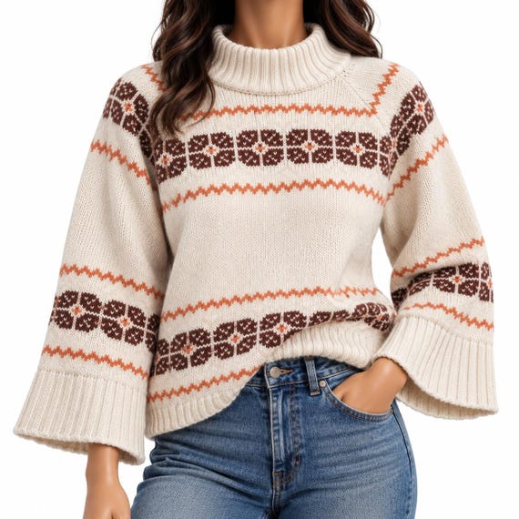 Madewell, Madewell Fair Isle Mockneck Sweater Cream Brown Orange Bell Sleeve XL