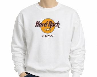 Bluza męska Hard Rock Cafe Chicago z okrągłym dekoltem, biała, z nadrukiem, rozmiar XL, z pamiątkowym logo