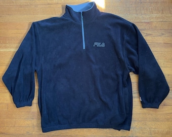 Y2K Vintage FILA Mens XL Fleece Pullover Quarter Zip Sweatshirt Black Gray