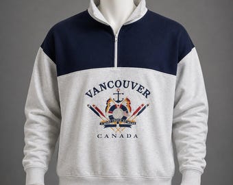 Vintage Victory Sportswear Vancouver Canada Quarter Zip Sweatshirt Gray Navy XL