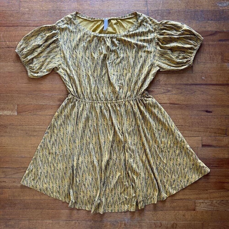 Anthropologie Yellow Puff Sleeve Mini Dress Aztec Print Boho Cottagecore Large image 1