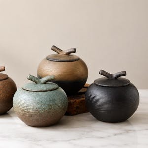 May include: Four round ceramic jars with lids, each featuring a textured horizontal ribbed surface and a small branch-like handle on top. The jars are finished in varying shades of brown, teal, and black, with some showing a gradient colour effect.